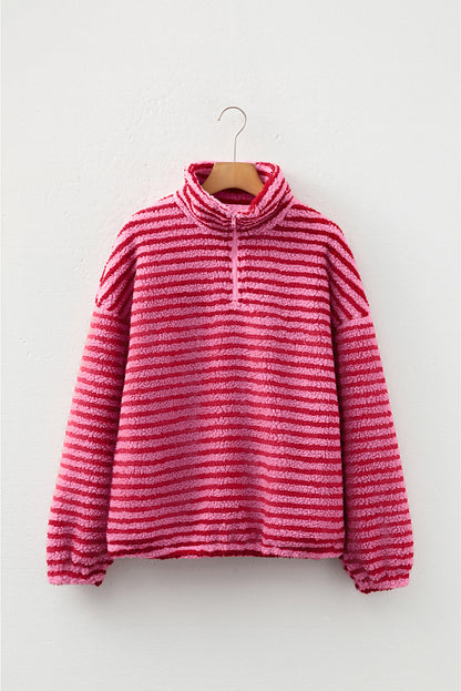 Pink Stripe Quarter Zip Fleece Oversize Sweatshirt