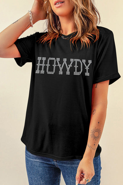 Schwarzes HOWDY Slim Fit T-Shirt mit Rundhalsausschnitt und Strass