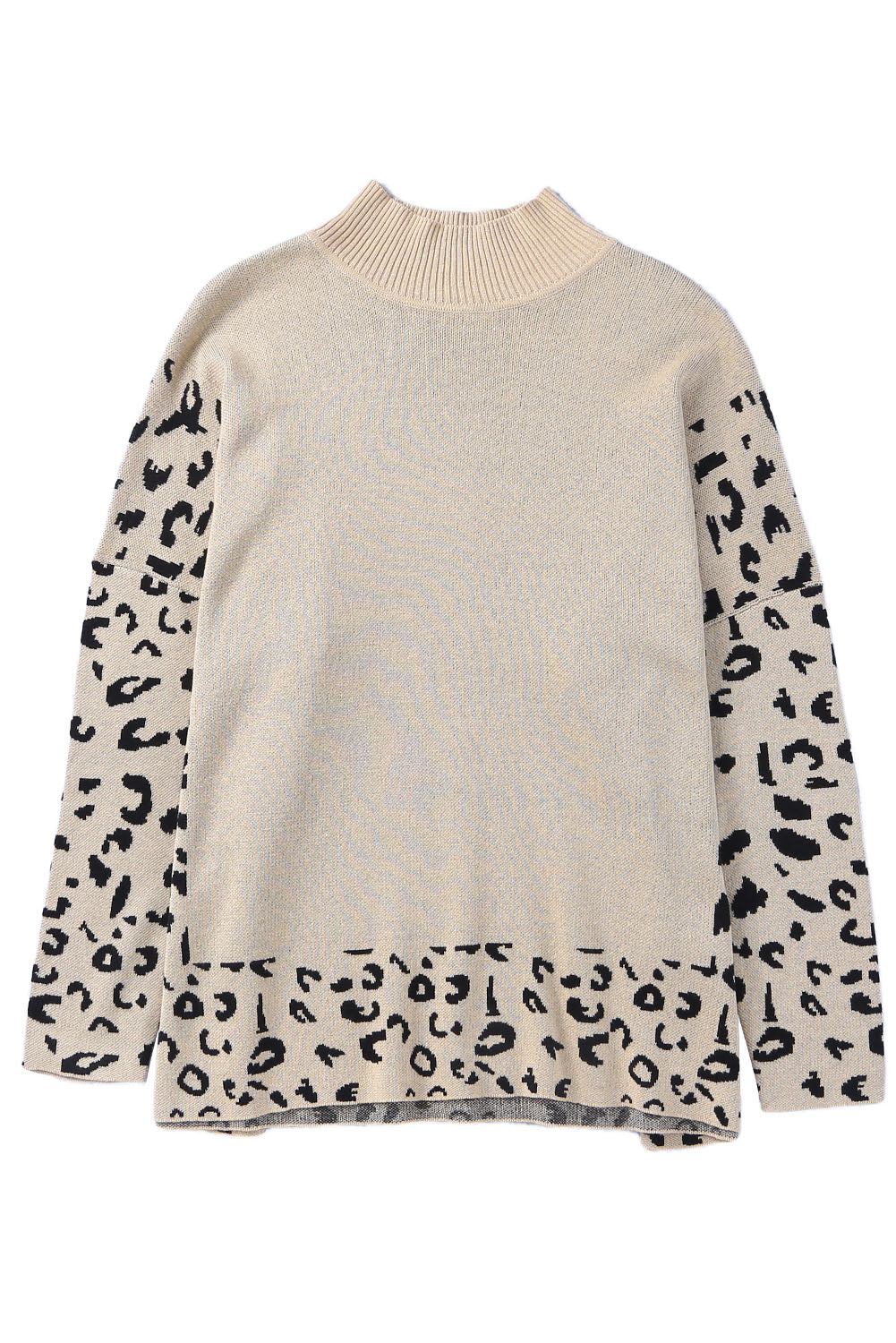 Khakifarbener Oversize-Pullover mit Leopardenmuster und hohem Kragen sowie Seitenschlitz