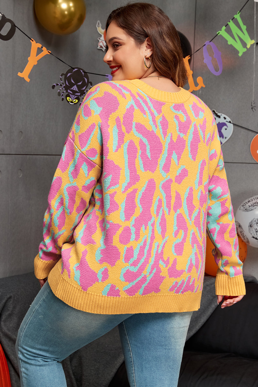 Leuchtend rosa Pullover mit geripptem Leopardenmuster in Übergröße