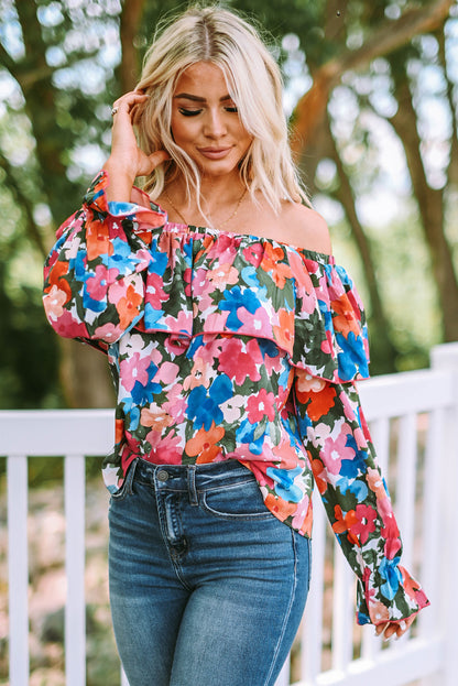 Schulterfreie Bluse mit Blumenmuster und Rüschen