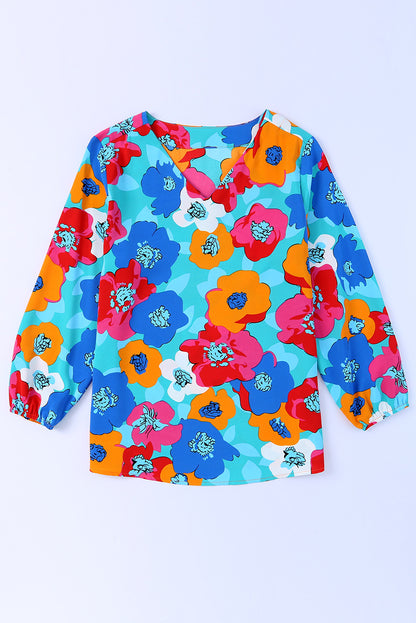 Mehrfarbige Bluse mit Blumenmuster und V-Ausschnitt und 3/4-Ärmeln