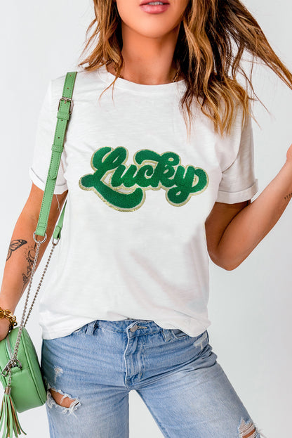Weißes T-Shirt mit St. Patrick's Day-Glücksbringer und Chenille-Glitzerpatch