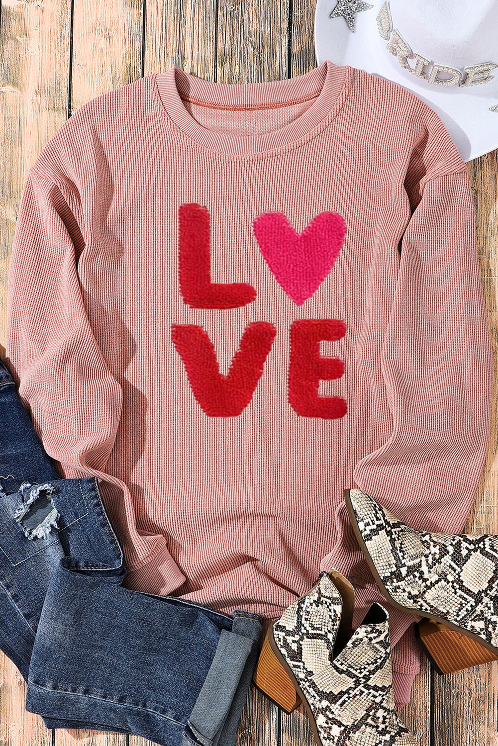 Rosa Sweatshirt mit Chenille-Stickerei und Kordel „Valentine LOVE“