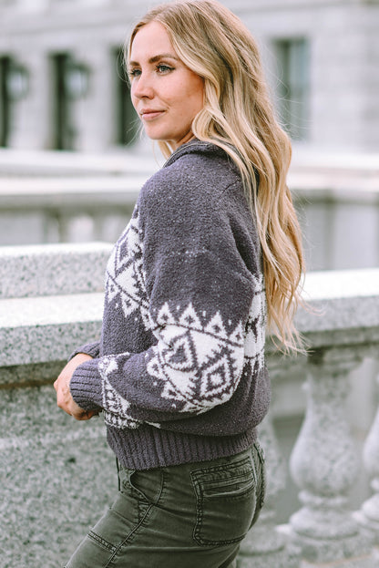 Grauer Pullover mit Viertelreißverschluss und geometrischem Western-Print