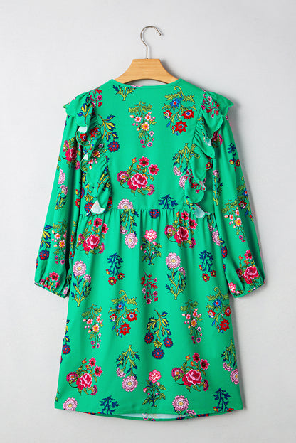 Green Floral Ruffled Three Quarter Sleeve Buttoned Mini Dress