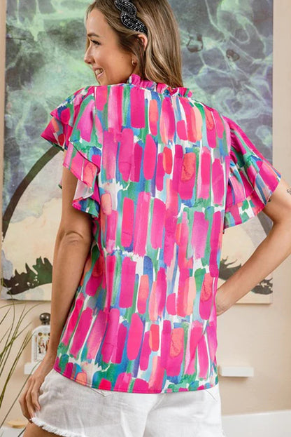 Bluse mit V-Ausschnitt und abstraktem Pinseldruck und Rüschenärmeln