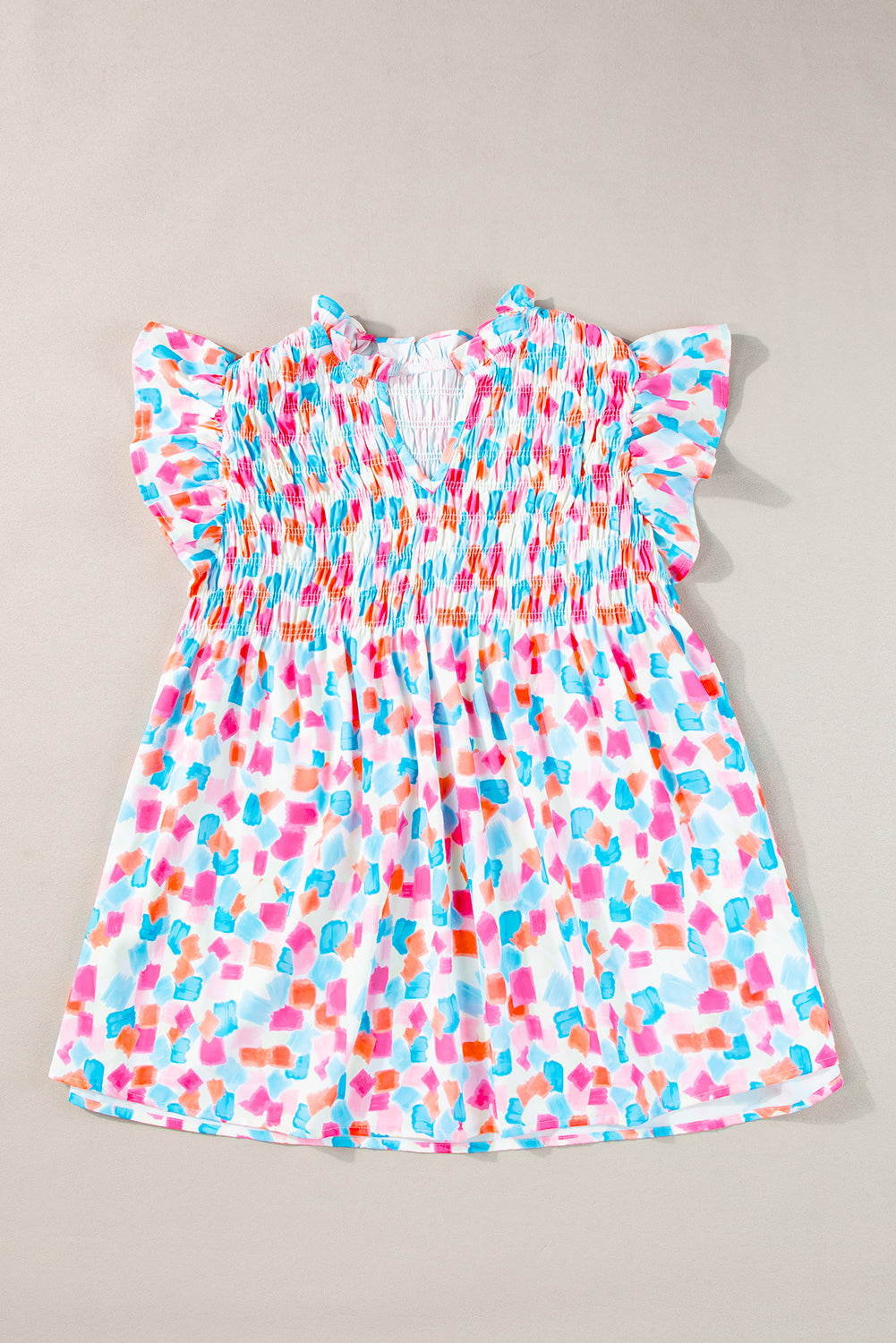 Himmelblaue Bluse mit geraffter Passe und abstraktem Print