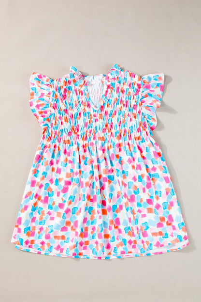 Himmelblaue Bluse mit geraffter Passe und abstraktem Print