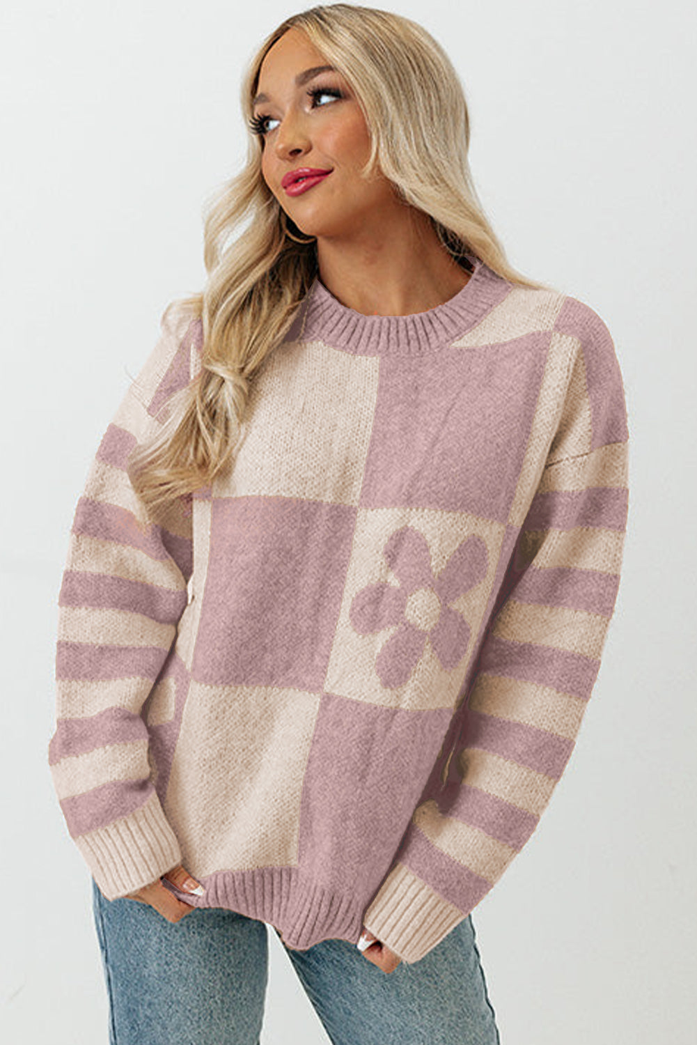 Pullover mit kariertem Blumenmuster und gestreiften Ärmeln in Orchid Petal