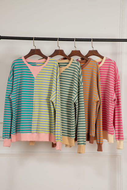 Grün gestreiftes, lässiges, gestreiftes Colorblock-Sweatshirt mit überschnittener Schulter