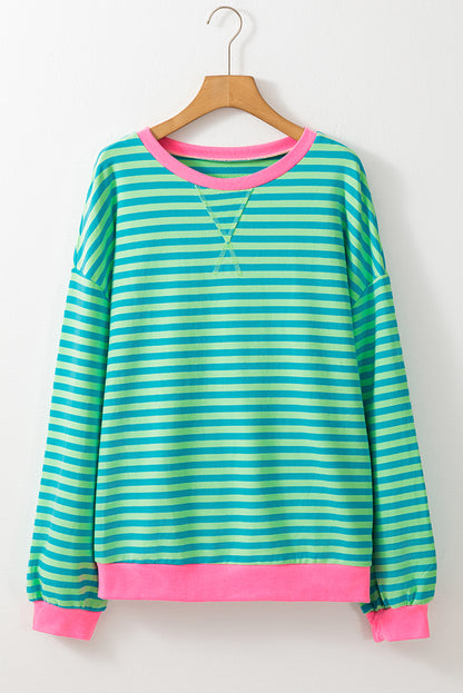 Übergroßes Pullover-Sweatshirt mit himmelblauen Streifen und Kontrastbesatz