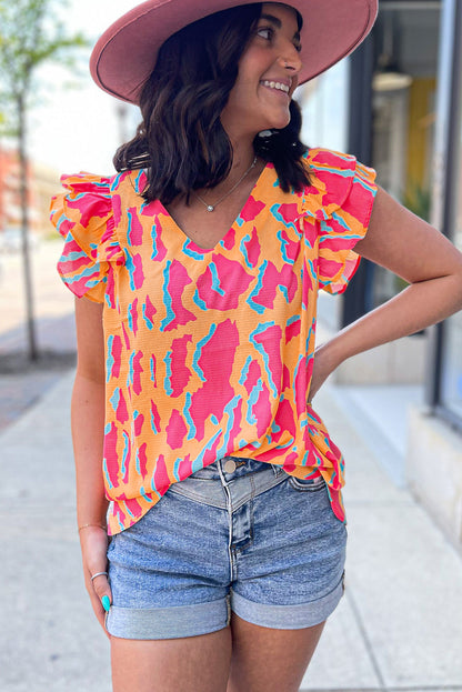Orangefarbene Bluse mit abstraktem Print und V-Ausschnitt und Rüschenärmeln