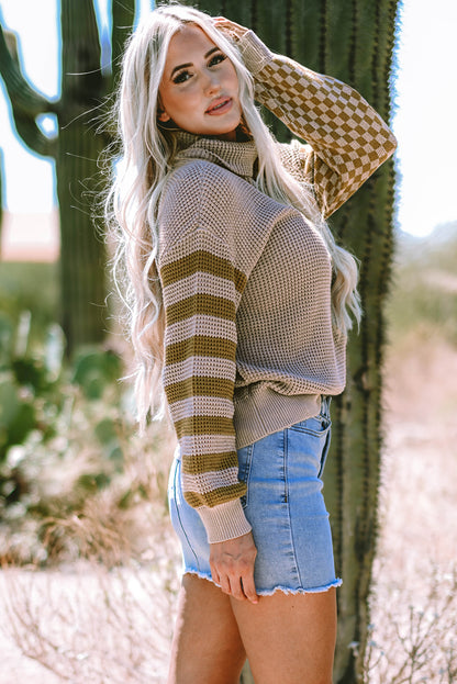 Rauchgrau gestreifter karierter Patchwork-Rollkragenpullover mit Waffelstrick