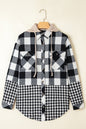 Black Double Plaid Patchwork Drawstring Hooded Shacket