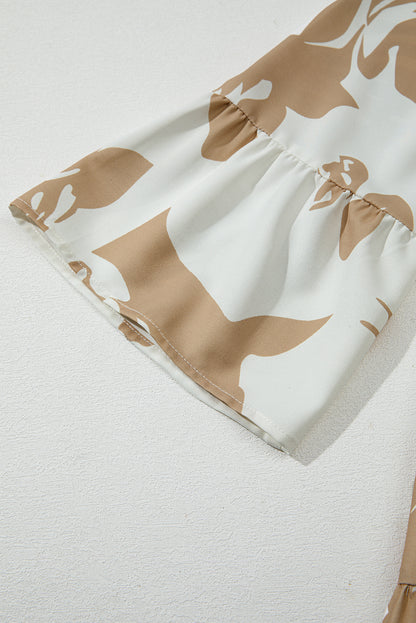 Khaki Patterned Ruffled Sleeve Half Placket Tiered A-line Plus Size Long Dress