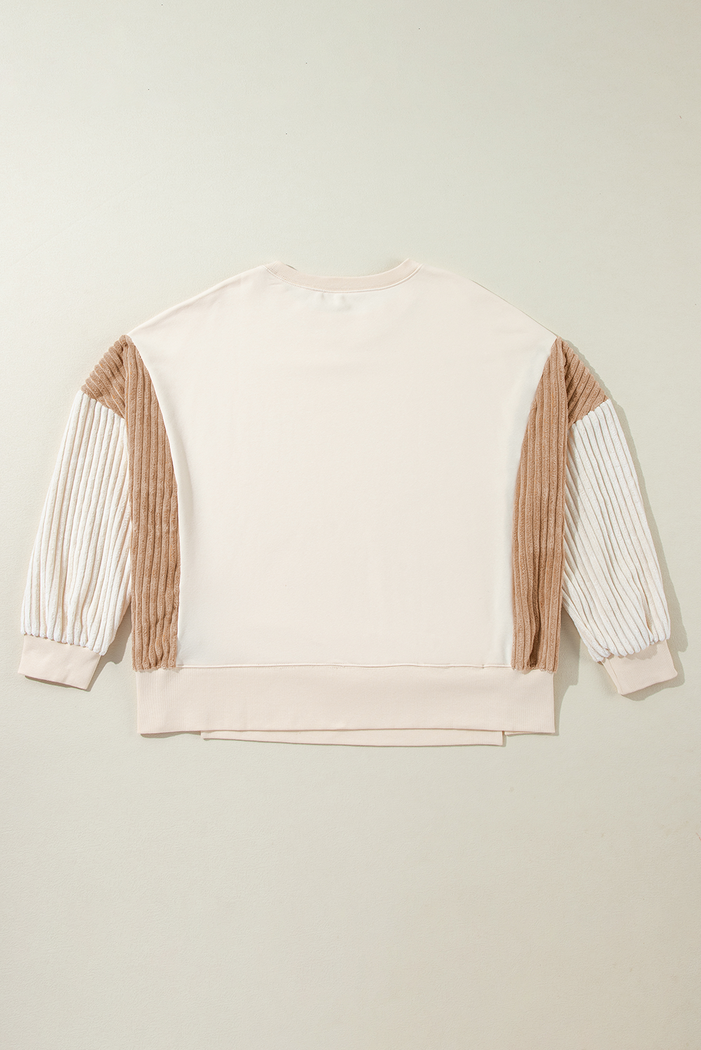 Aprikosenfarbenes Cord-Patchwork-Langarm-Sweatshirt mit überschnittener Schulter