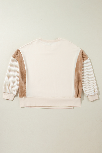 Aprikosenfarbenes Cord-Patchwork-Langarm-Sweatshirt mit überschnittener Schulter