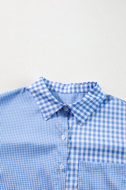 Himmelblaues, gestreiftes, kariertes Patchwork-Langarmhemd mit Knopfleiste