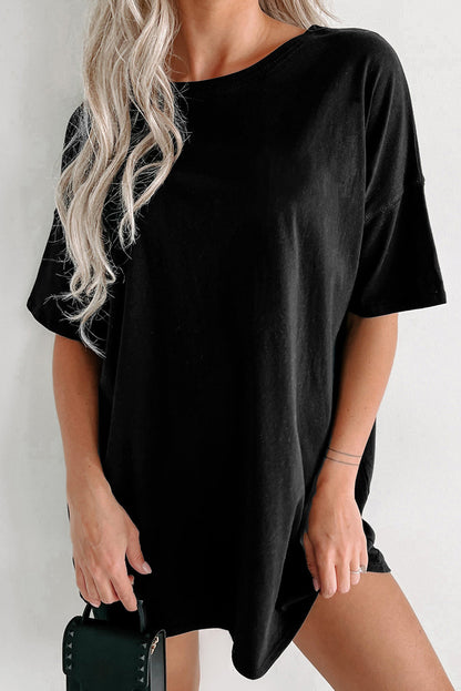 Schwarzes, einfarbiges Basic-Tunika-T-Shirt mit Rundhalsausschnitt