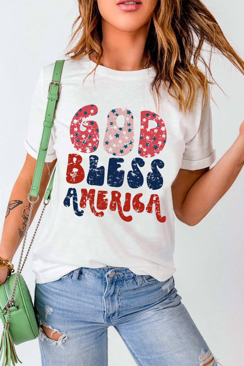 Weißes T-Shirt mit „God Bless America“-Grafik