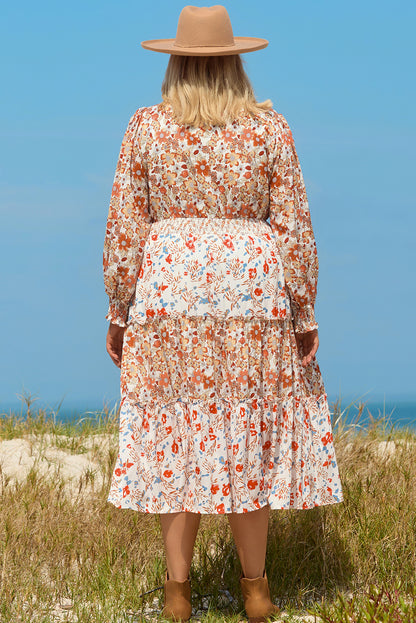 Khakifarbenes Maxikleid mit Blumenmuster und Rüschen in Übergröße
