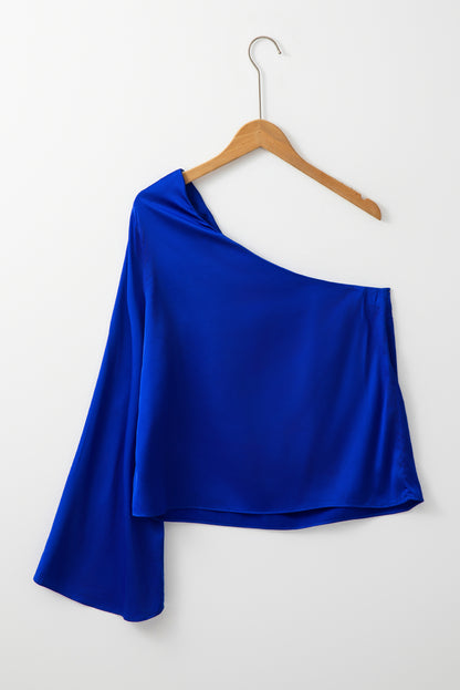 Dunkelblaue asymmetrische Satinbluse mit Glockenärmeln und One-Shoulder-Träger