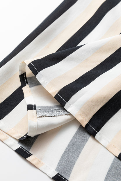 Black Stripe 3/4 Puff Sleeve Shirt Style Button Down Midi Dress