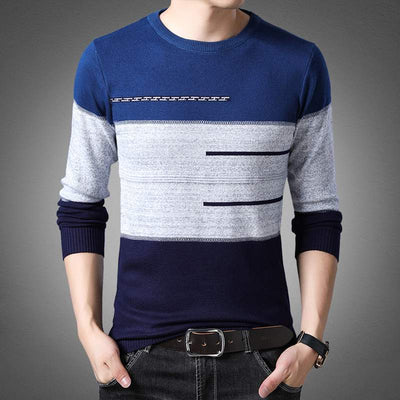 Stay Cozy and Stylish: Winter Pullover Men Round Collar Striped Cotton Sweaters