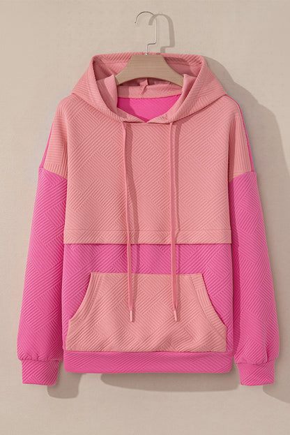 Rosafarbener Hoodie mit strukturiertem Farbblockdesign und Kängurutasche und überschnittener Schulter