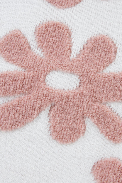 Weißer, strukturierter Pullover mit Blumenmuster und überschnittener Schulter