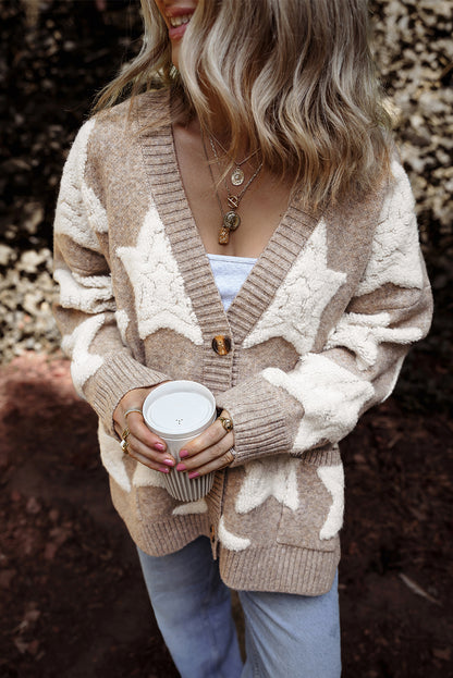 Khakifarbener Sherpa-Strickpullover mit Sternenmuster und Taschen