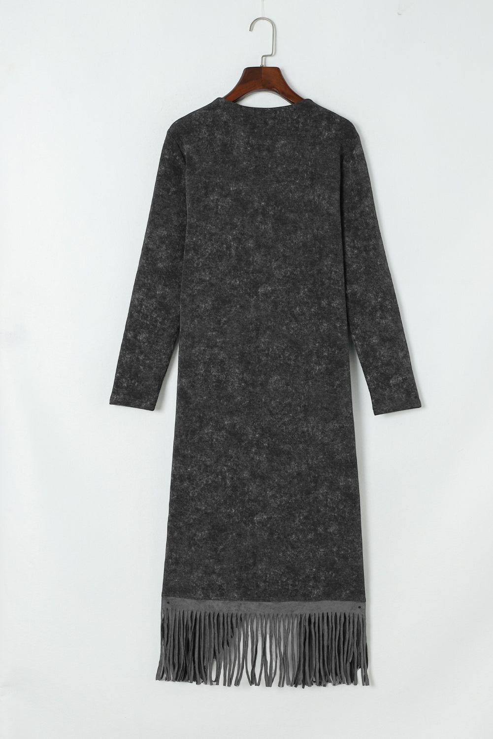 Schwarzer offener Cardigan mit Fransensaum und Taschen