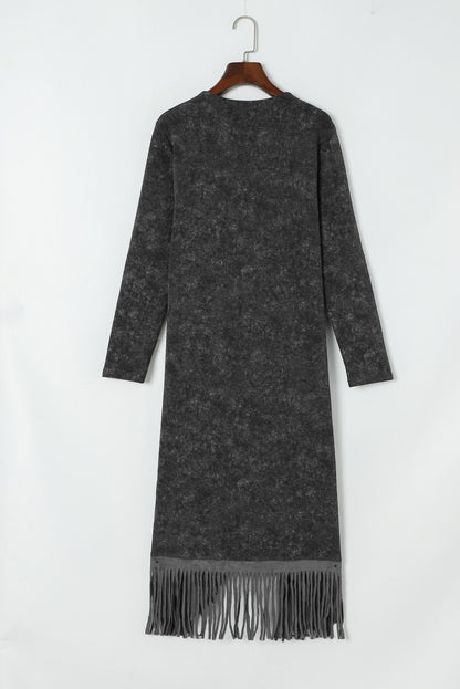 Schwarzer offener Cardigan mit Fransensaum und Taschen
