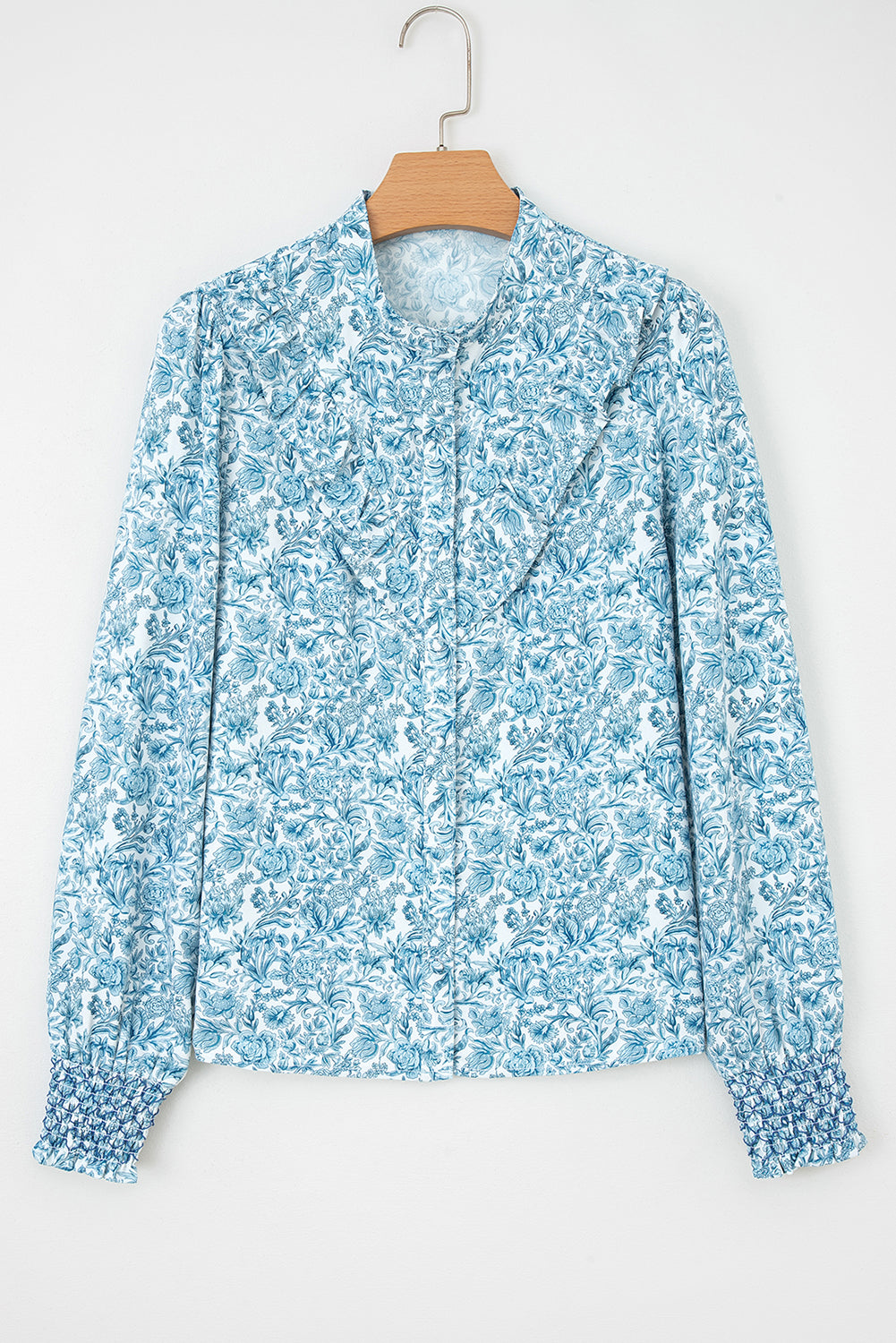 Sky Blue All Over Floral Puff Sleeve Shirt