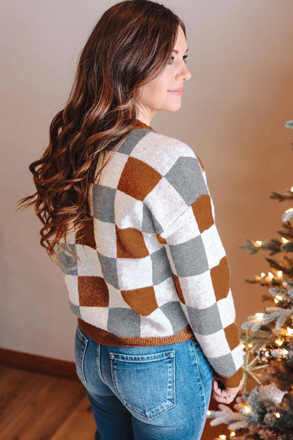 Brown Plus Size Checkered Crewneck Sweater