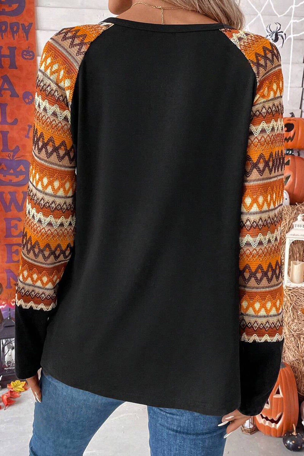 Oranges Raglan-Patchwork-Langarm-T-Shirt mit Geo-Print