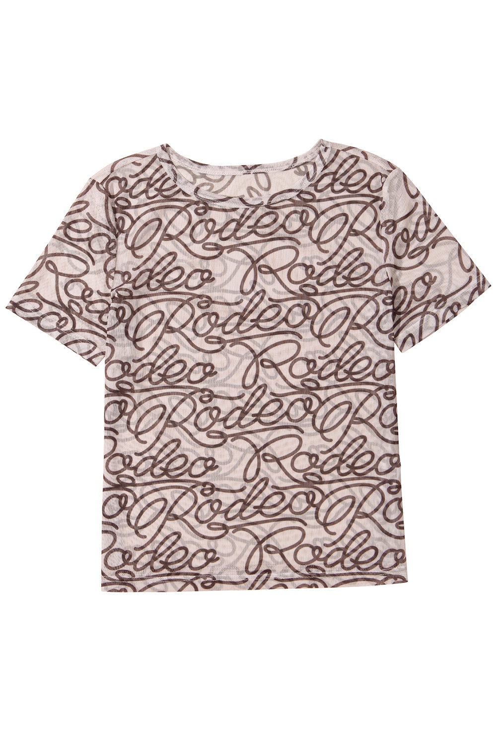 Braunes, schmal geschnittenes T-Shirt aus Netzstoff mit Rundhalsausschnitt und Rodeo-Print