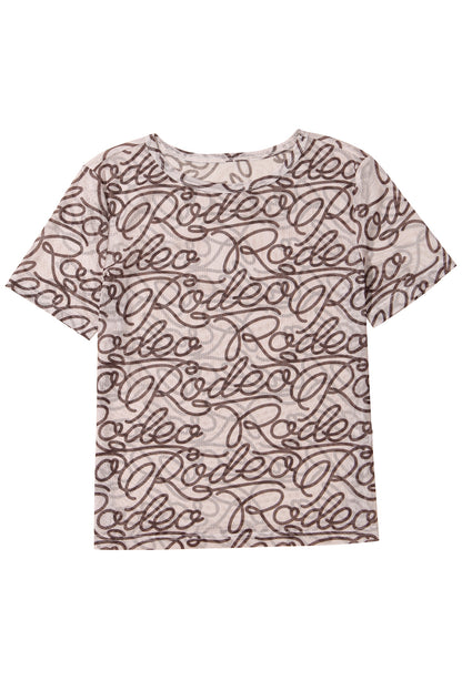 Braunes, schmal geschnittenes T-Shirt aus Netzstoff mit Rundhalsausschnitt und Rodeo-Print