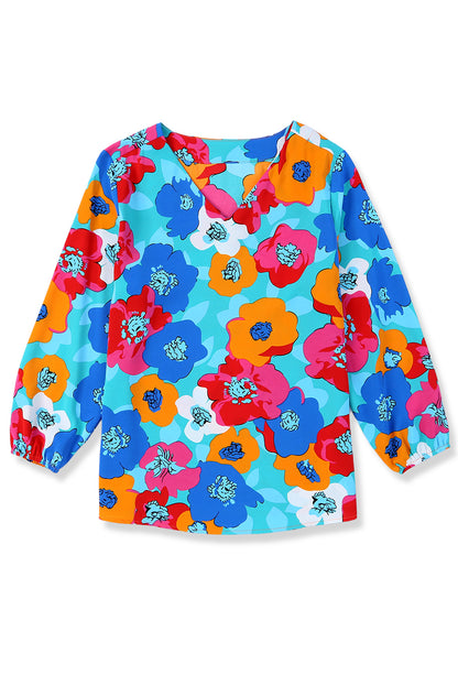 Mehrfarbige Bluse mit Blumenmuster und V-Ausschnitt und 3/4-Ärmeln