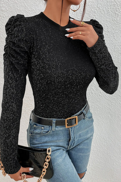 Schwarzes, schmal geschnittenes Strickoberteil mit Gigot-Ärmeln in Metallic-Optik