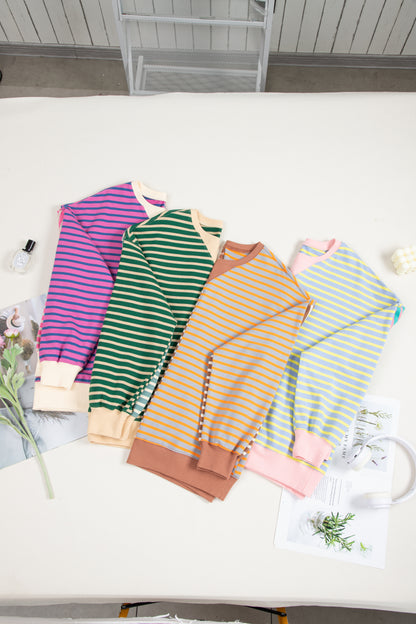 Grün gestreiftes, lässiges, gestreiftes Colorblock-Sweatshirt mit überschnittener Schulter