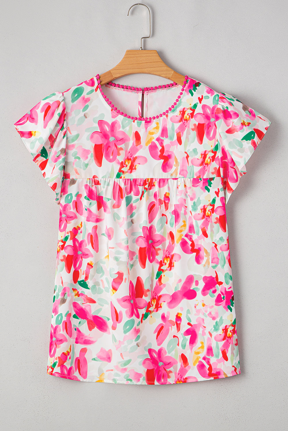 Lässige Bluse mit Rosen-Blumendruck, Flatterärmeln und Rundhalsausschnitt