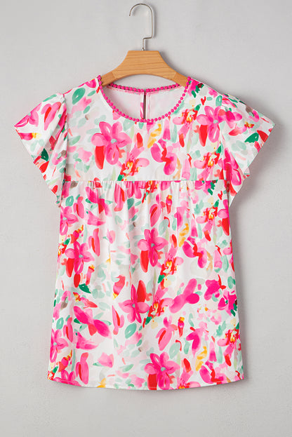 Lässige Bluse mit Rosen-Blumendruck, Flatterärmeln und Rundhalsausschnitt