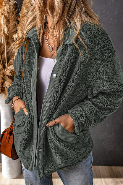 Graue Sherpa-Jacke mit Ellbogenflicken aus Cord