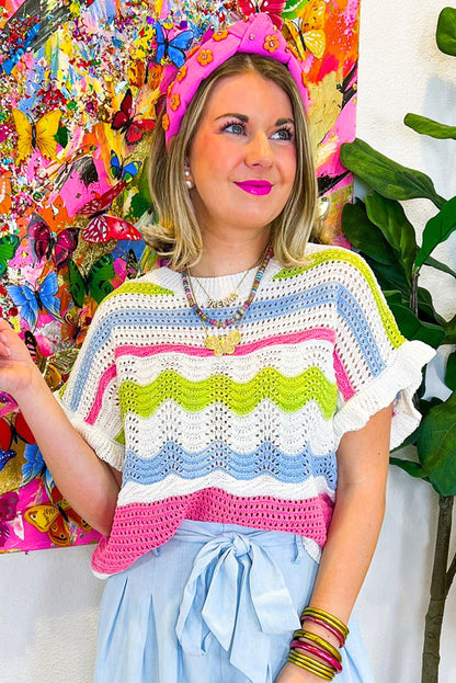 Weißes, kurzärmliges Pullover-Oberteil mit Häkelstrick und Farbblockdesign