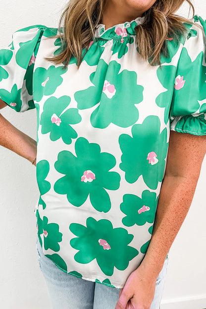 Grüne Bluse mit Blumenmuster, Puffärmeln und Rüschenausschnitt