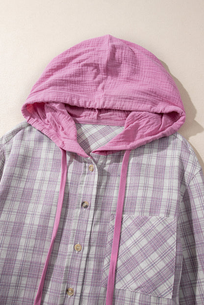 Locker geschnittene Shacket mit Kapuze und Karomuster in Rosa