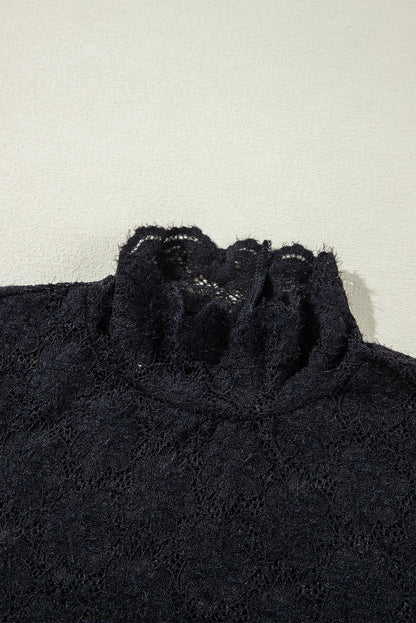 Schwarzes, hochgeschlossenes Langarmtop mit Blumenspitze