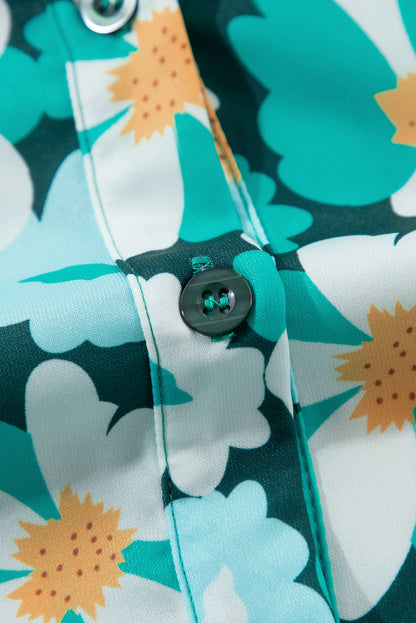 Grünes, gestuftes Hemdkleid mit langen Puffärmeln und Blumenmuster